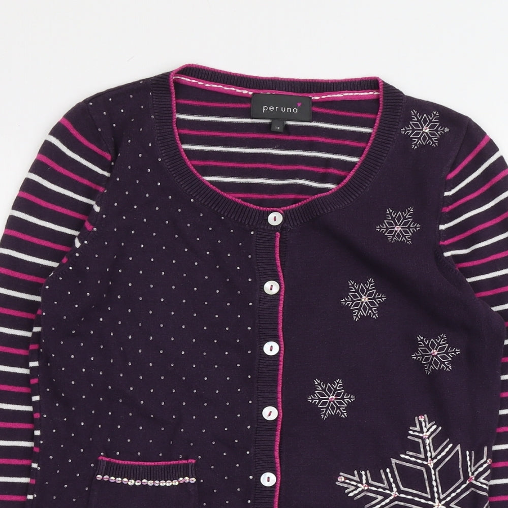 Per Una Womens Purple Scoop Neck Striped Cotton Cardigan Jumper Size 12 - Snowflakes