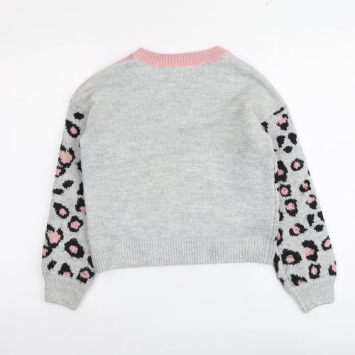 M&Co Girls Grey Round Neck Animal Print Acrylic Pullover Jumper Size 11 Years Pullover - Leopard Print