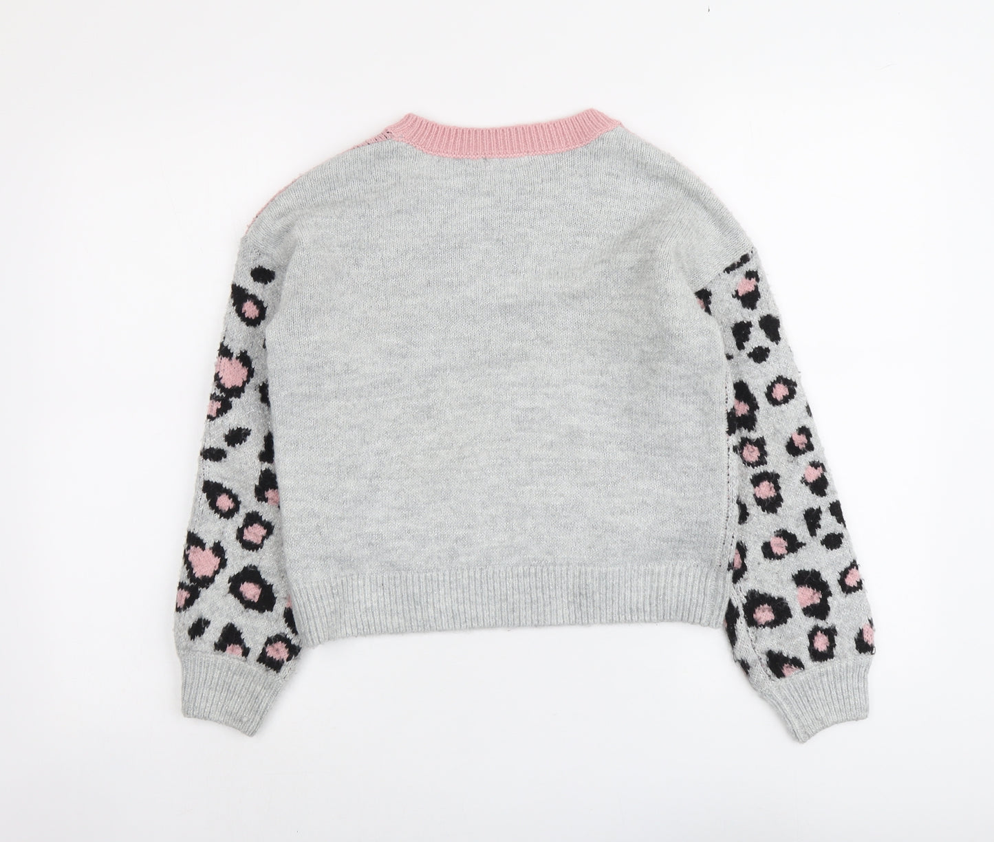 M&Co Girls Grey Round Neck Animal Print Acrylic Pullover Jumper Size 11 Years Pullover - Leopard Print