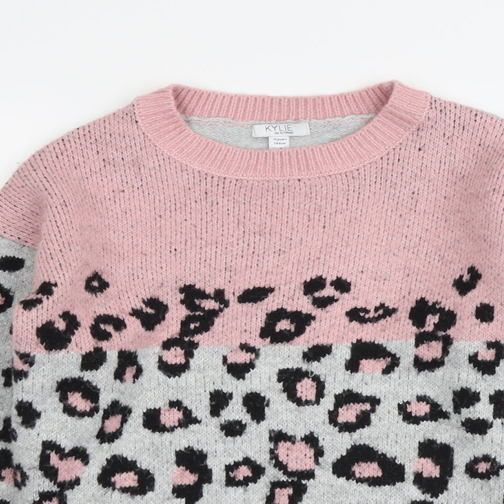 M&Co Girls Grey Round Neck Animal Print Acrylic Pullover Jumper Size 11 Years Pullover - Leopard Print