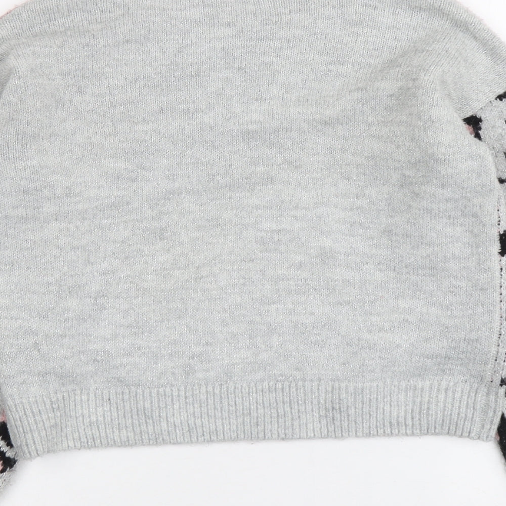M&Co Girls Grey Round Neck Animal Print Acrylic Pullover Jumper Size 11 Years Pullover - Leopard Print