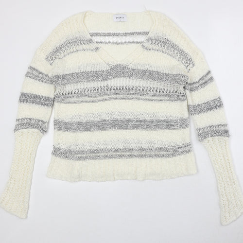Storia Womens Ivory V-Neck Striped Acrylic Pullover Jumper Size S