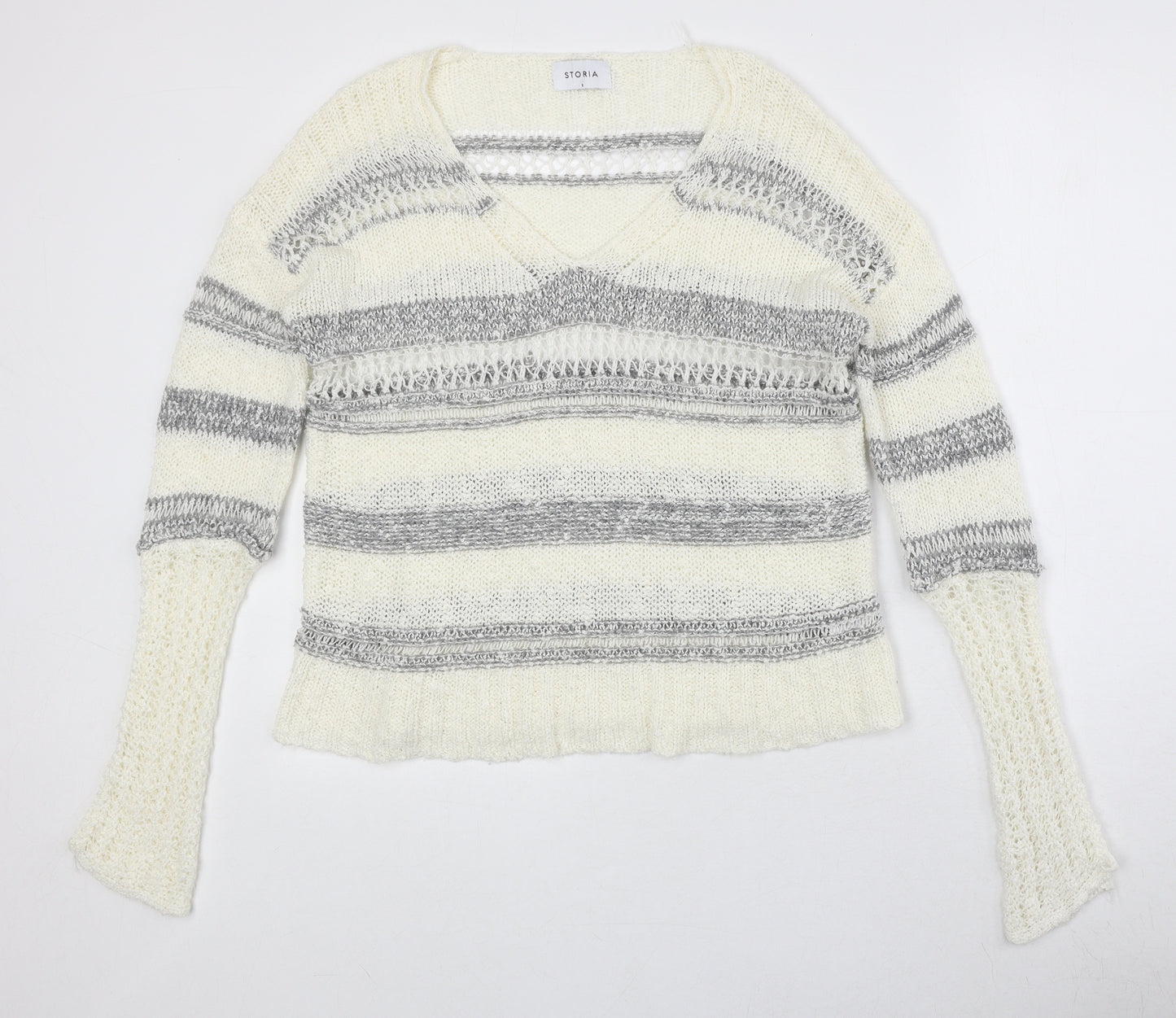 Storia Womens Ivory V-Neck Striped Acrylic Pullover Jumper Size S