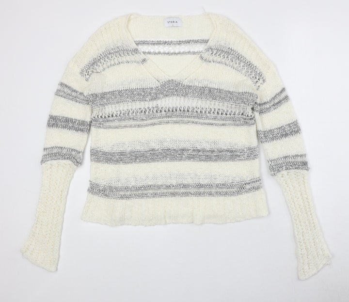 Storia Womens Ivory V-Neck Striped Acrylic Pullover Jumper Size S