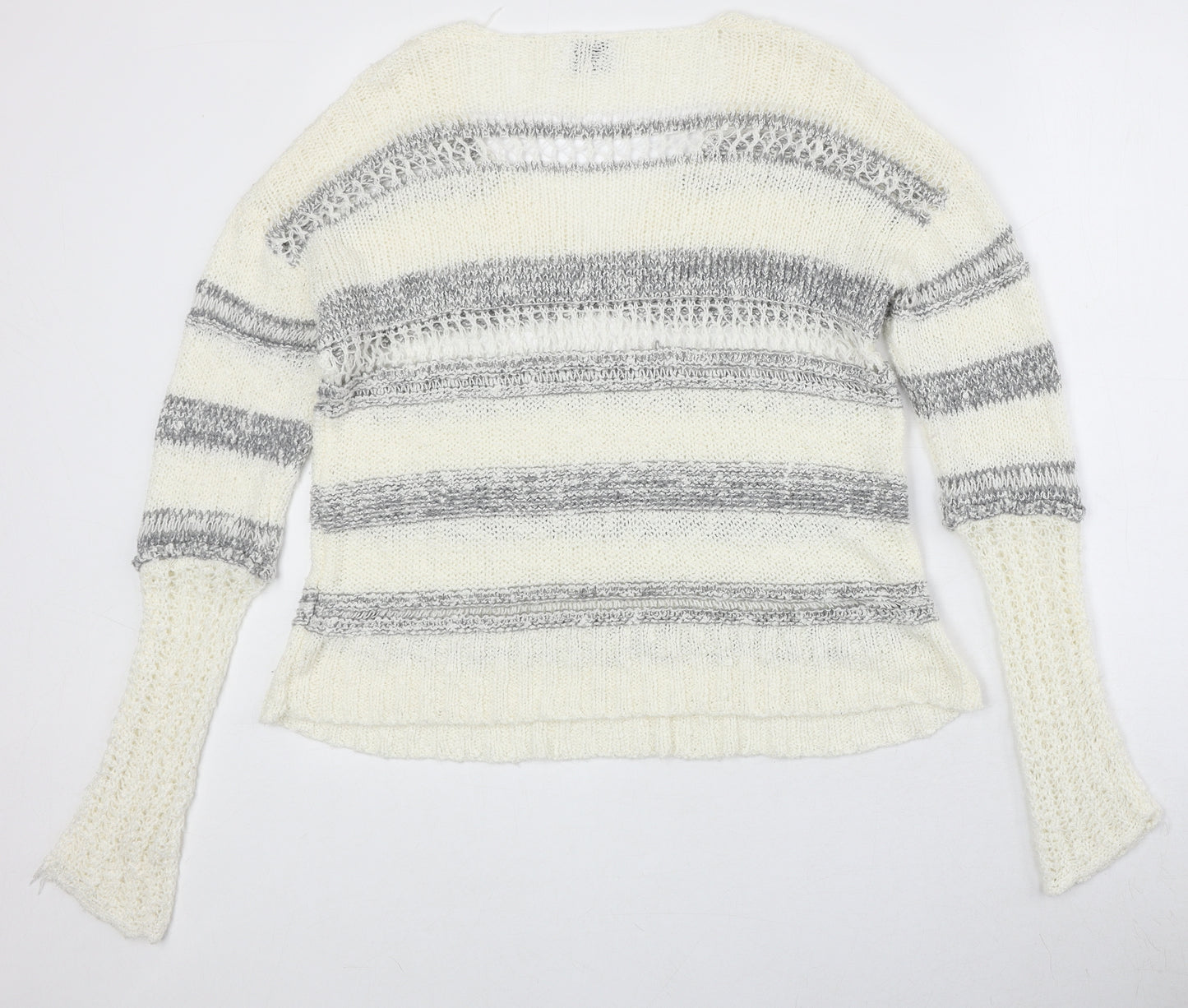 Storia Womens Ivory V-Neck Striped Acrylic Pullover Jumper Size S