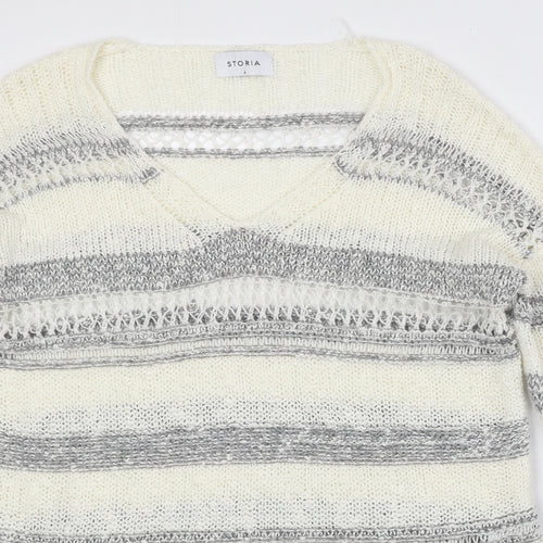 Storia Womens Ivory V-Neck Striped Acrylic Pullover Jumper Size S