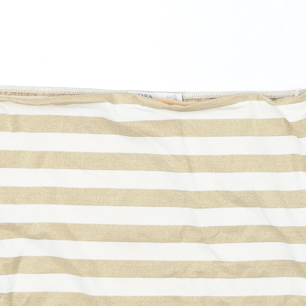 Zara Womens Gold Striped Nylon Basic Tank Size M Off the Shoulder