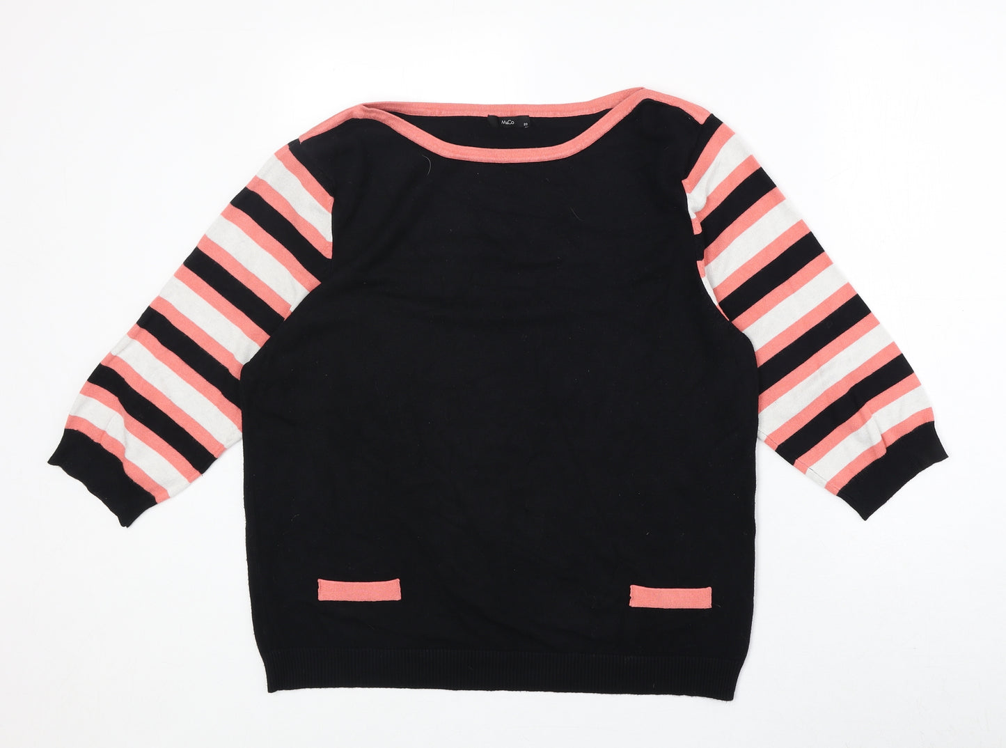 M&Co Womens Black Boat Neck Striped Viscose Pullover Jumper Size 20