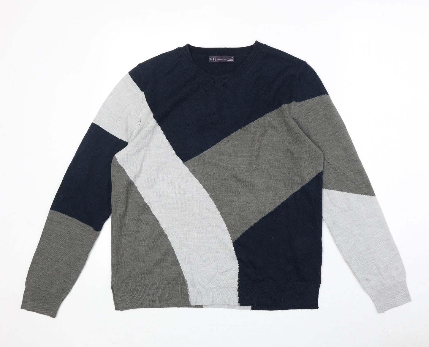 Marks and Spencer Womens Green Round Neck Geometric Acrylic Pullover Jumper Size 12