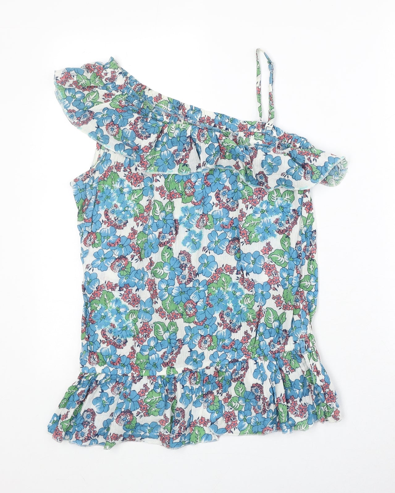 River Island Womens Multicoloured Floral 100% Cotton Basic Blouse Size 12 One Shoulder