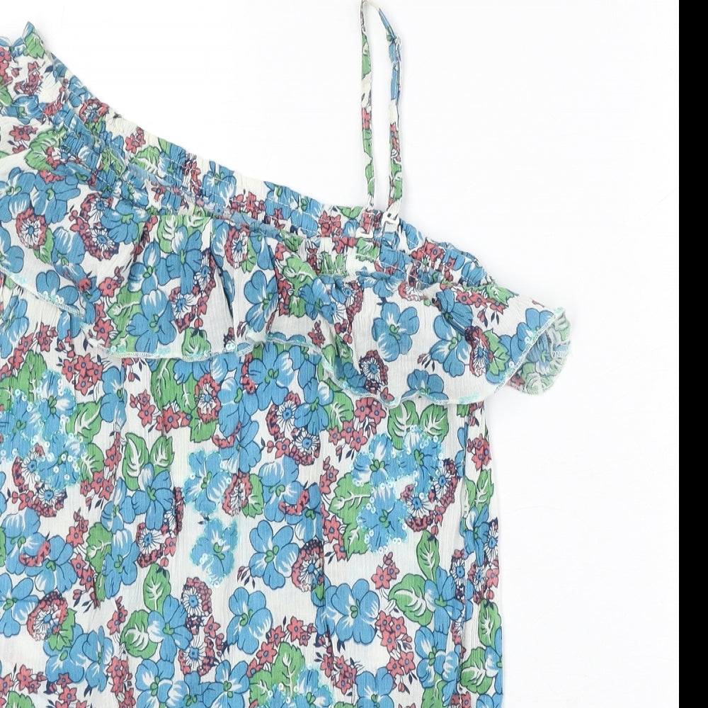 River Island Womens Multicoloured Floral 100% Cotton Basic Blouse Size 12 One Shoulder