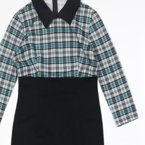 Nice forever Womens Black Plaid Polyester A-Line Size 6 Collared Zip