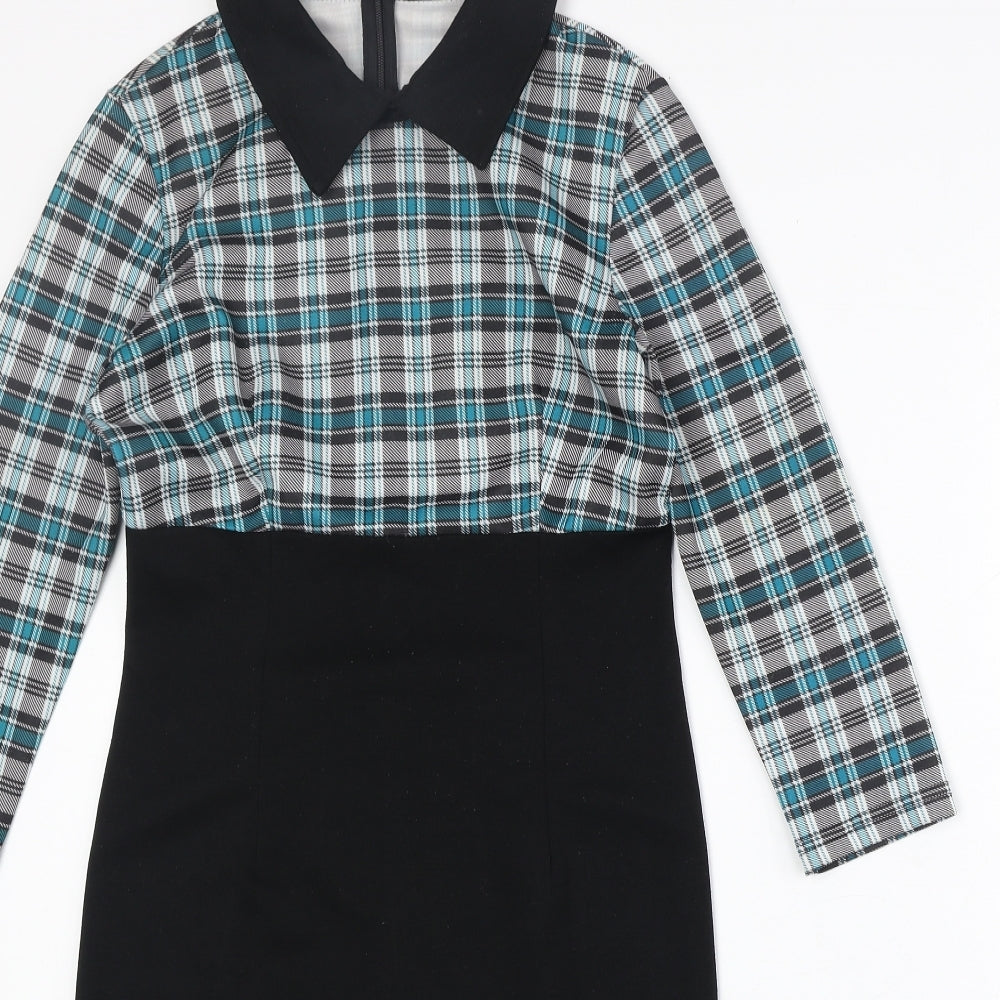 Nice forever Womens Black Plaid Polyester A-Line Size 6 Collared Zip
