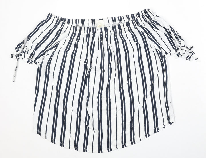 H&M Womens White Striped 100% Cotton Basic Blouse Size M Off the Shoulder