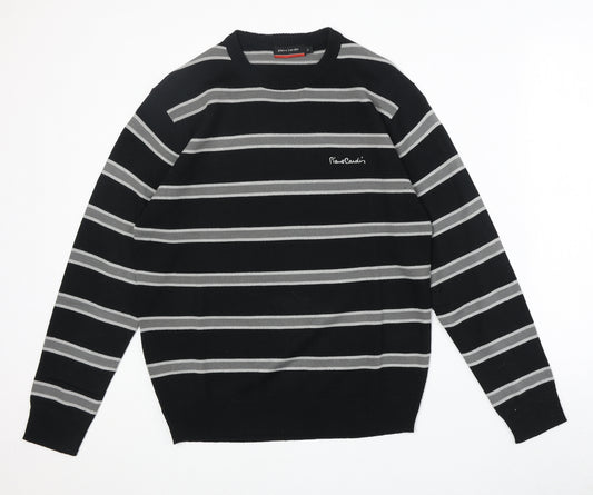 Pierre Cardin Mens Black Round Neck Striped Acrylic Pullover Jumper Size S Long Sleeve