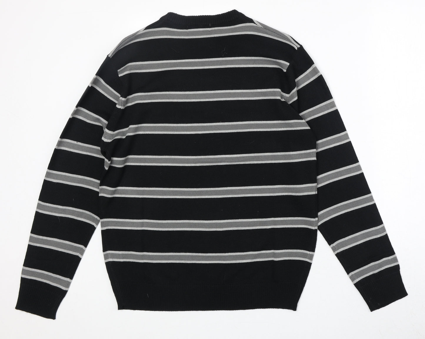 Pierre Cardin Mens Black Round Neck Striped Acrylic Pullover Jumper Size S Long Sleeve