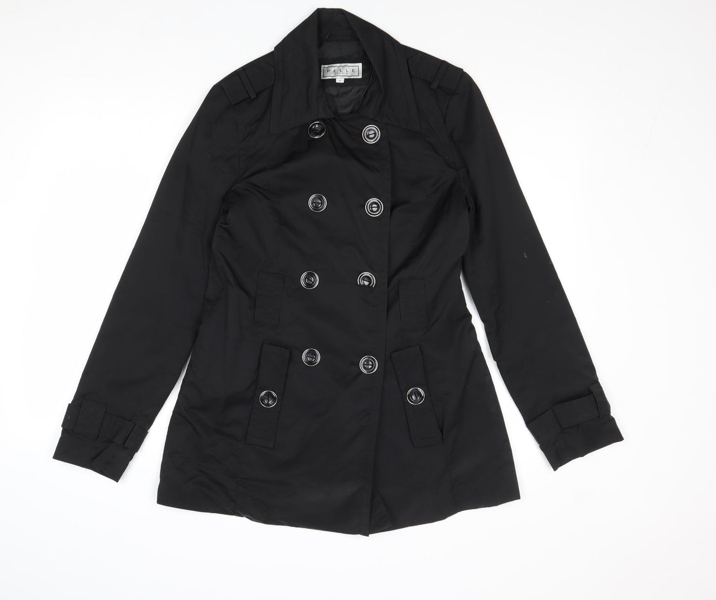 Pelle Womens Black Trench Coat Coat Size S Button