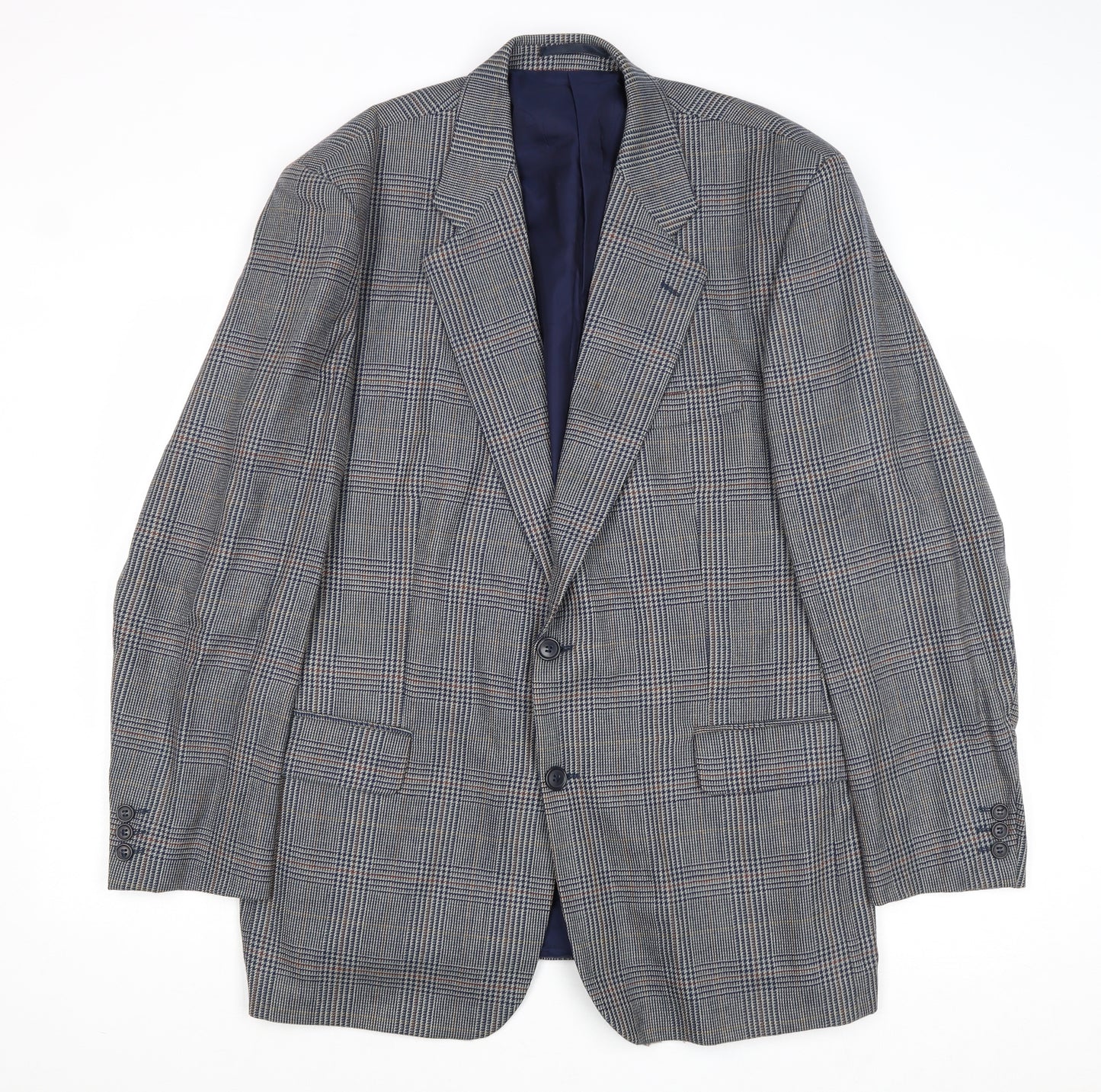 Hornes Mens Blue Plaid Wool Jacket Blazer Size 44 Regular