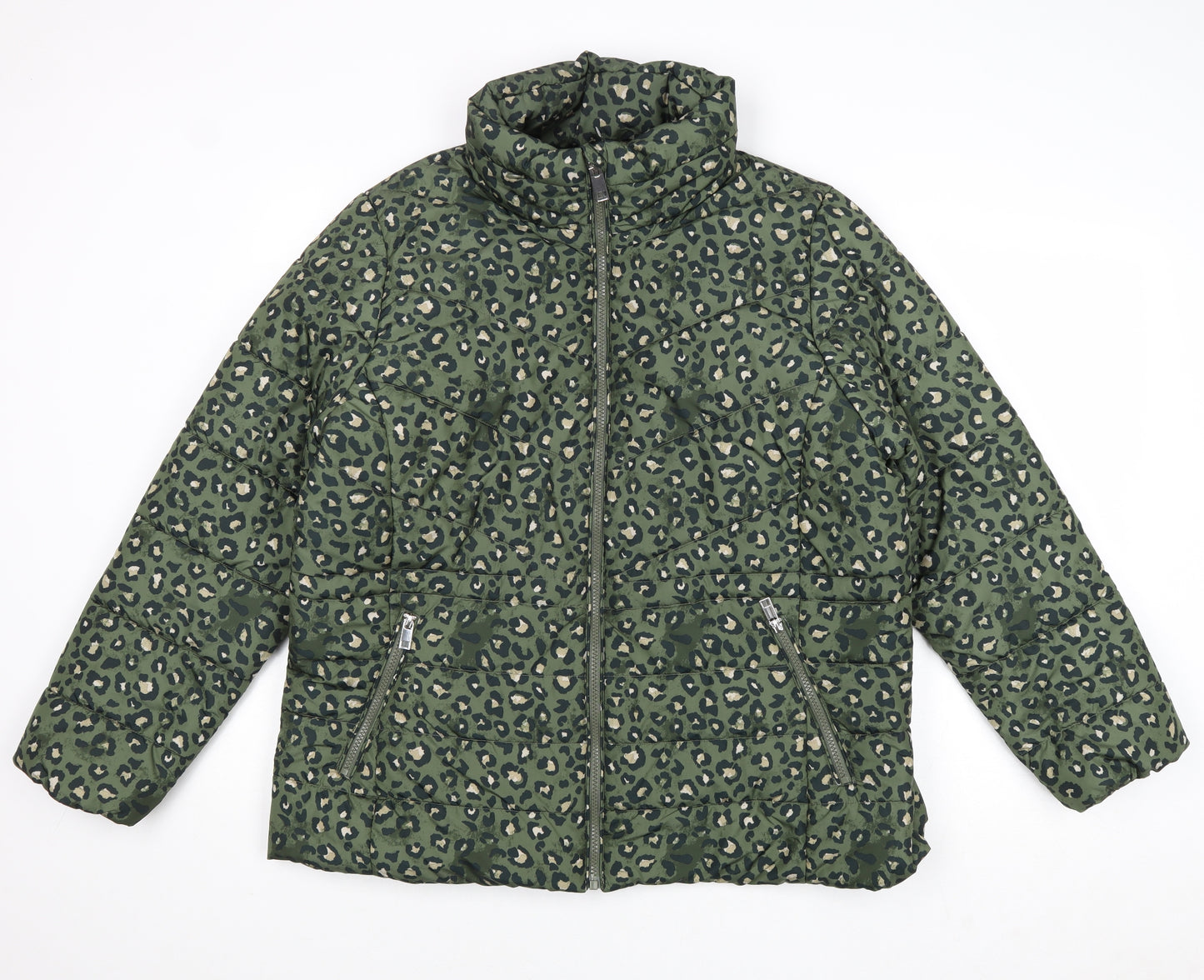 Marks and Spencer Womens Green Animal Print Puffer Jacket Jacket Size 18 Zip - Leopard Print