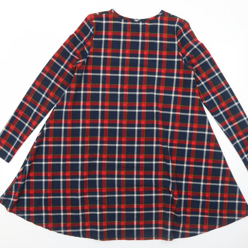 Glamorous Womens Blue Plaid Polyester Trapeze & Swing Size 10 Round Neck Pullover