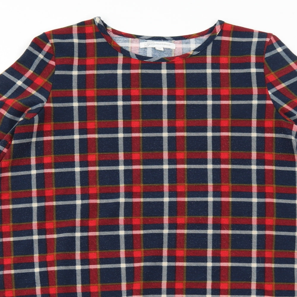 Glamorous Womens Blue Plaid Polyester Trapeze & Swing Size 10 Round Neck Pullover
