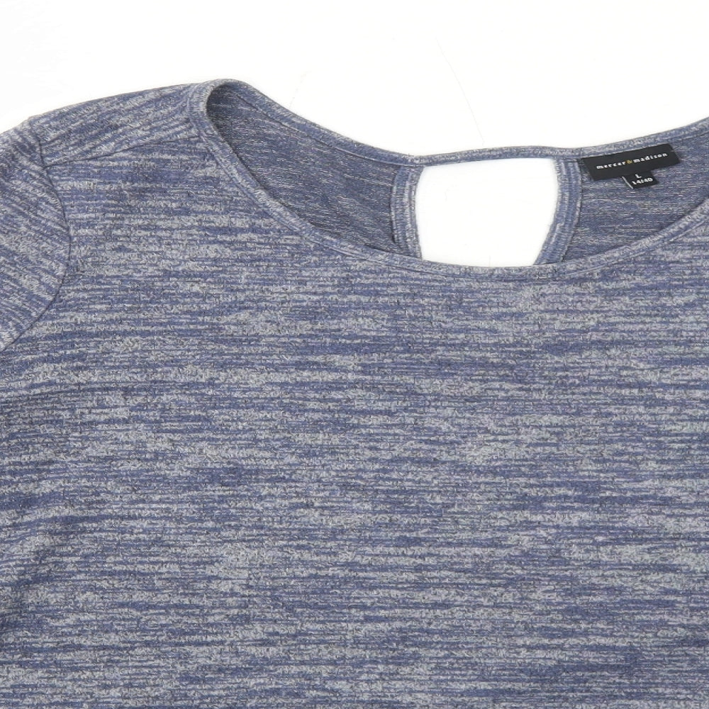 Mercer & Madison Womens Blue Geometric Polyester Basic Blouse Size L Round Neck