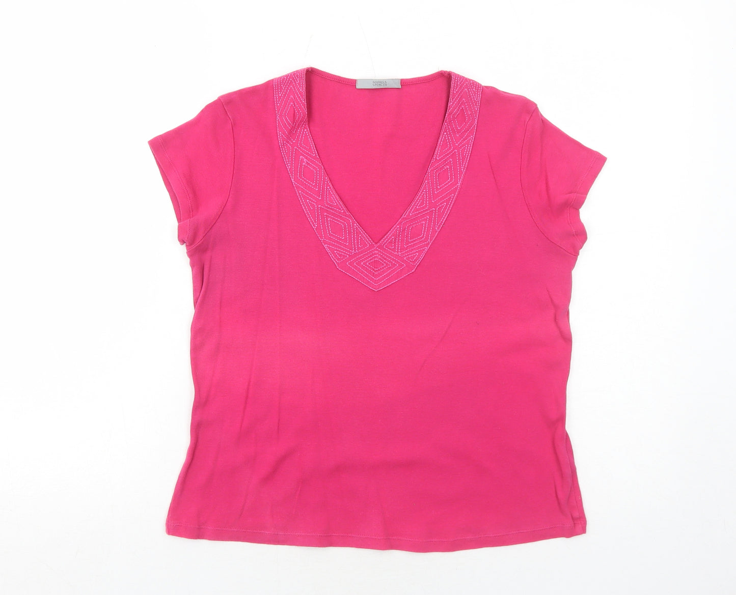Marks and Spencer Womens Pink Cotton Basic Blouse Size 14 V-Neck