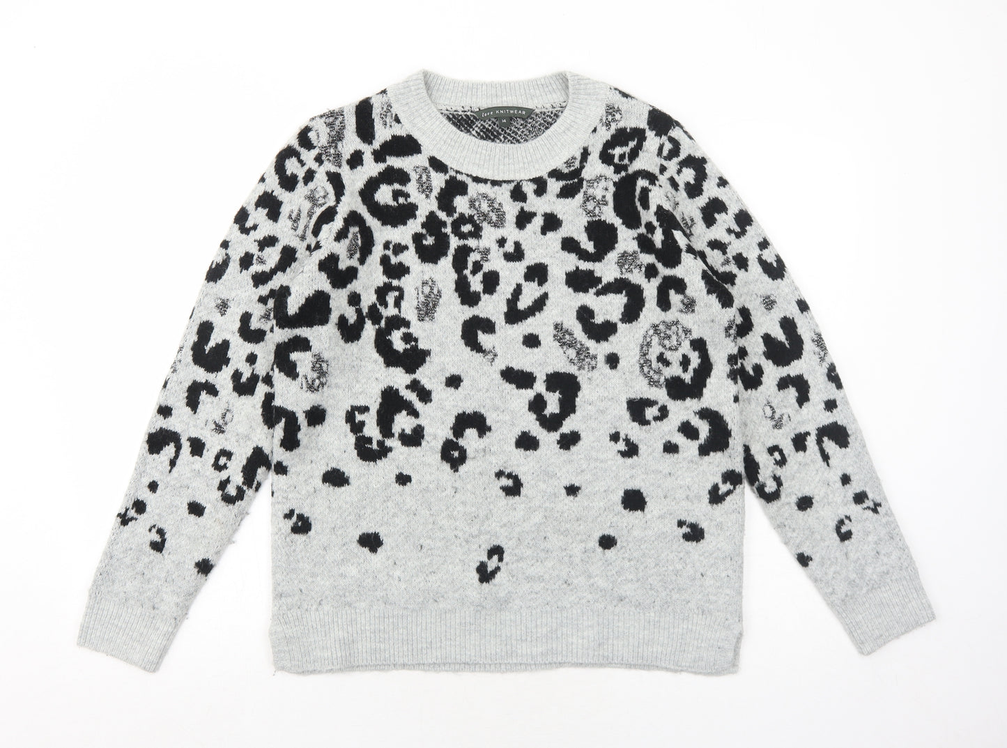 Bonmarché Womens Grey Round Neck Animal Print Acrylic Pullover Jumper Size 14 - Leopard Print