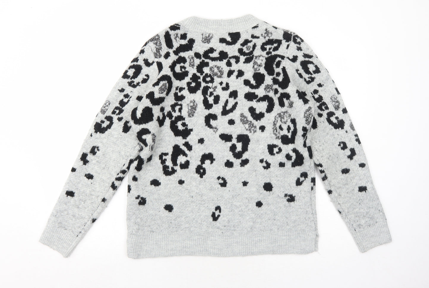 Bonmarché Womens Grey Round Neck Animal Print Acrylic Pullover Jumper Size 14 - Leopard Print