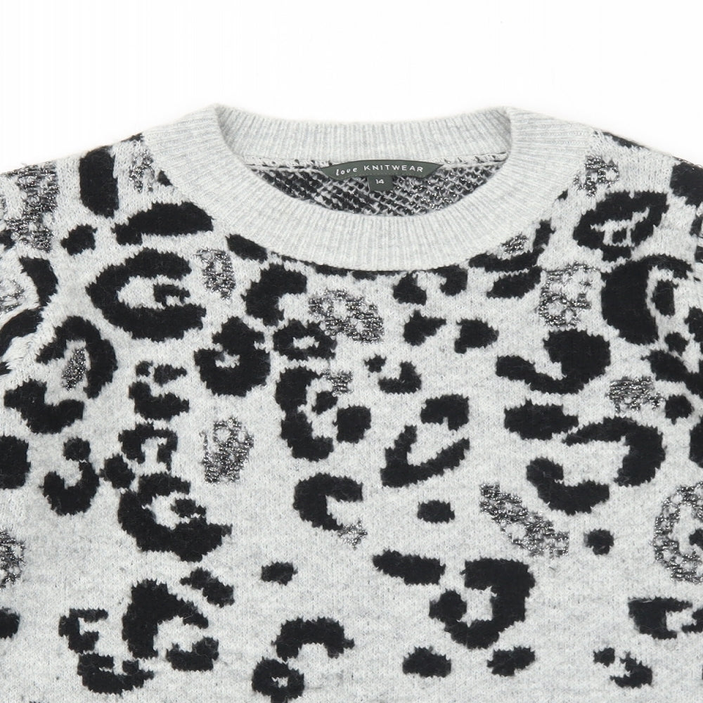 Bonmarché Womens Grey Round Neck Animal Print Acrylic Pullover Jumper Size 14 - Leopard Print