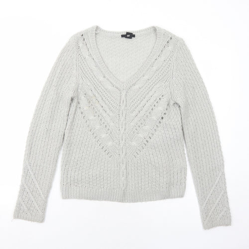 H&M Womens Grey V-Neck Acrylic Pullover Jumper Size S
