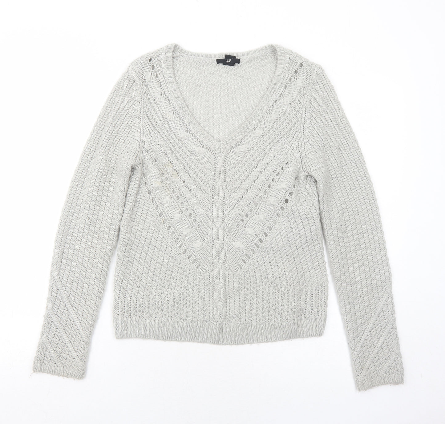 H&M Womens Grey V-Neck Acrylic Pullover Jumper Size S