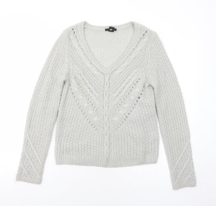 H&M Womens Grey V-Neck Acrylic Pullover Jumper Size S