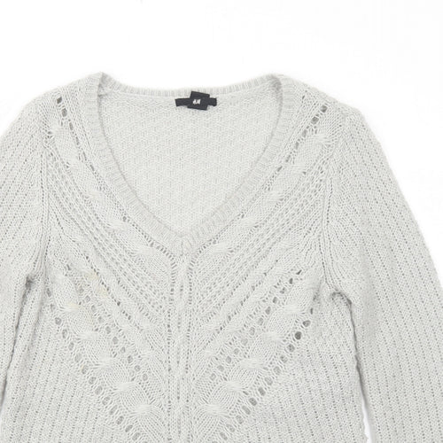 H&M Womens Grey V-Neck Acrylic Pullover Jumper Size S