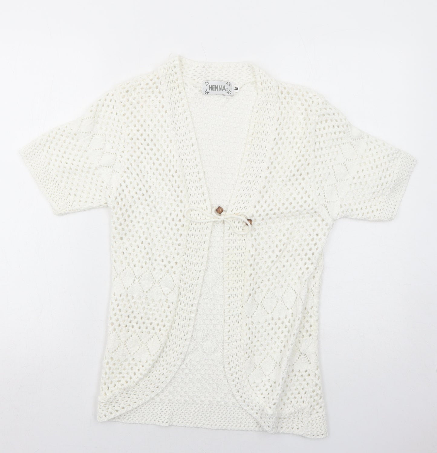 Henna Womens White V-Neck Cotton Cardigan Jumper Size M
