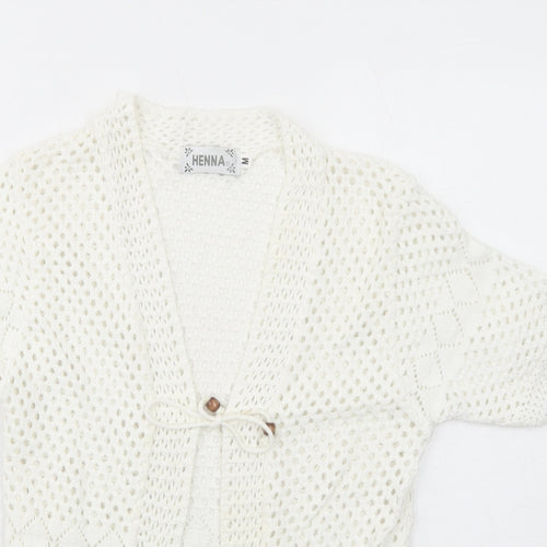 Henna Womens White V-Neck Cotton Cardigan Jumper Size M
