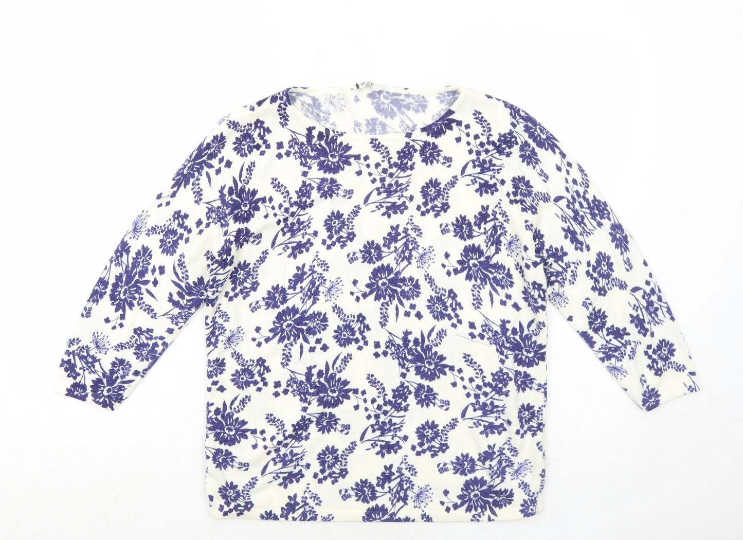 BHS Womens White Round Neck Floral Acrylic Pullover Jumper Size 16