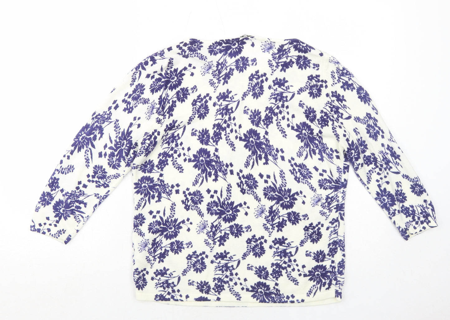 BHS Womens White Round Neck Floral Acrylic Pullover Jumper Size 16