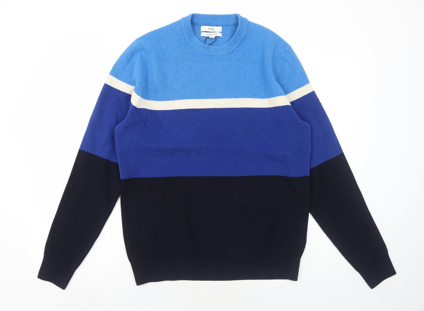 Marks and Spencer Mens Blue Round Neck Striped Polyester Pullover Jumper Size L Long Sleeve - Ribbed