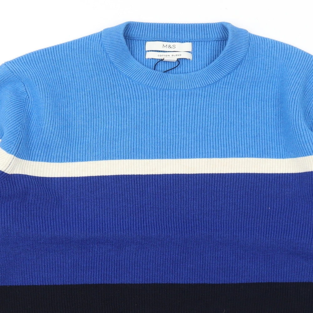 Marks and Spencer Mens Blue Round Neck Striped Polyester Pullover Jumper Size L Long Sleeve - Ribbed