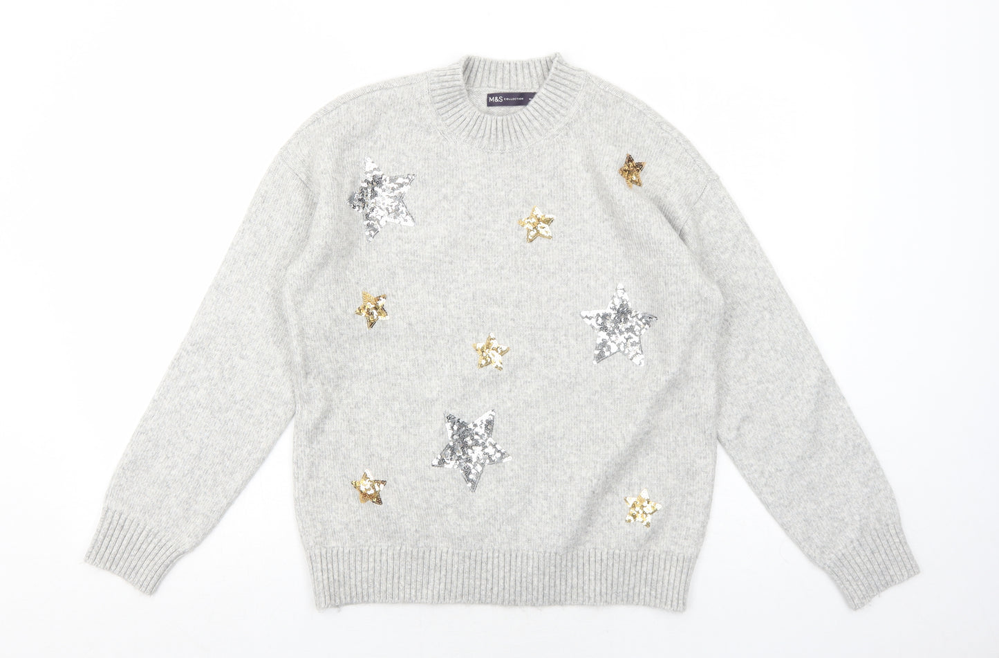 Marks and Spencer Womens Grey Round Neck Polyester Pullover Jumper Size S - Star Pattern