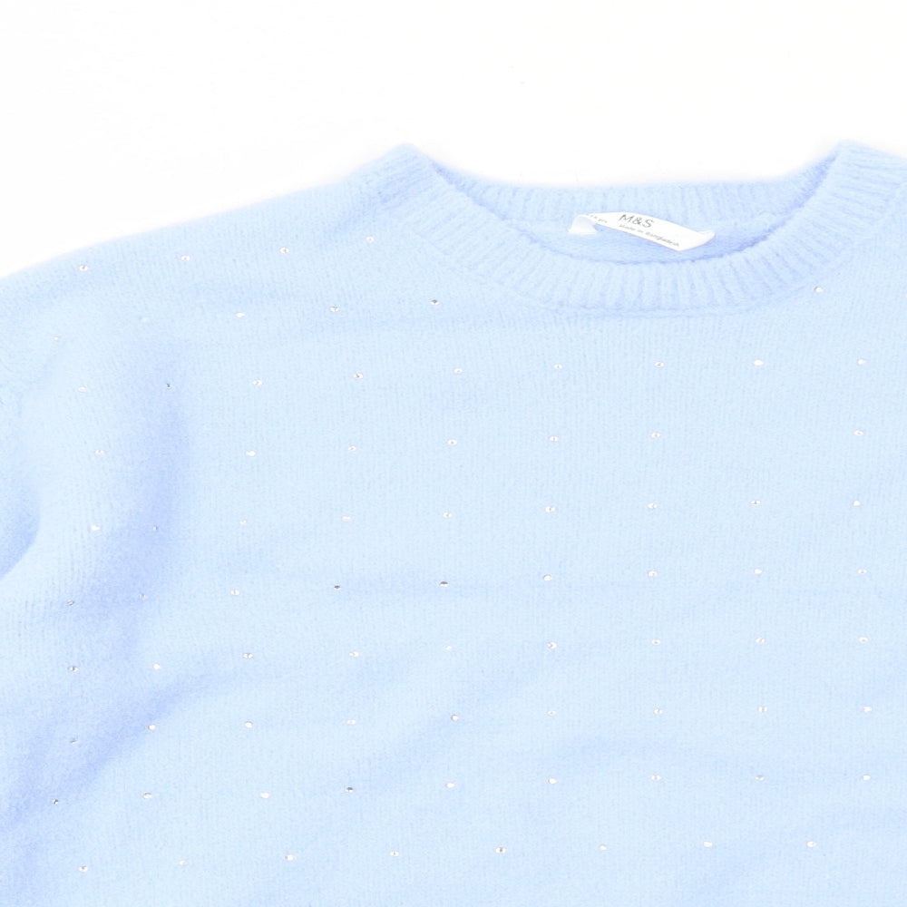 Marks and Spencer Girls Blue Round Neck Polyamide Pullover Jumper Size 13-14 Years Pullover