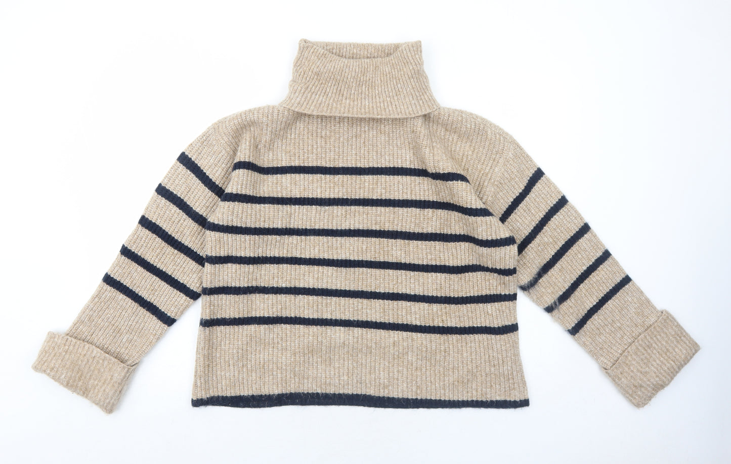 Marks and Spencer Womens Beige Roll Neck Striped Polyamide Pullover Jumper Size M