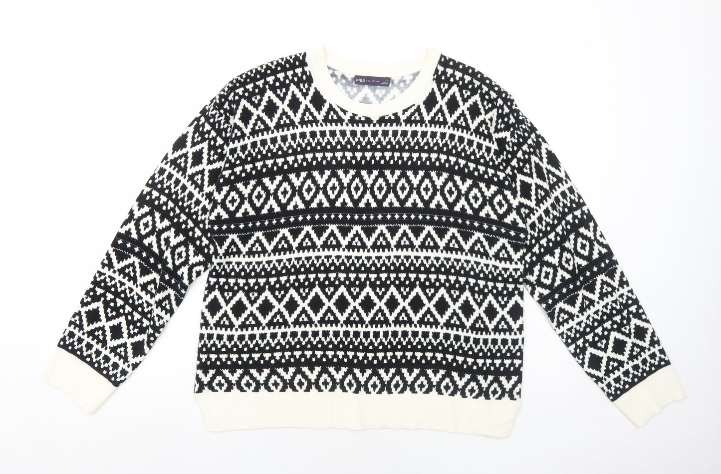 Marks and Spencer Womens Black Round Neck Geometric Acrylic Pullover Jumper Size 16