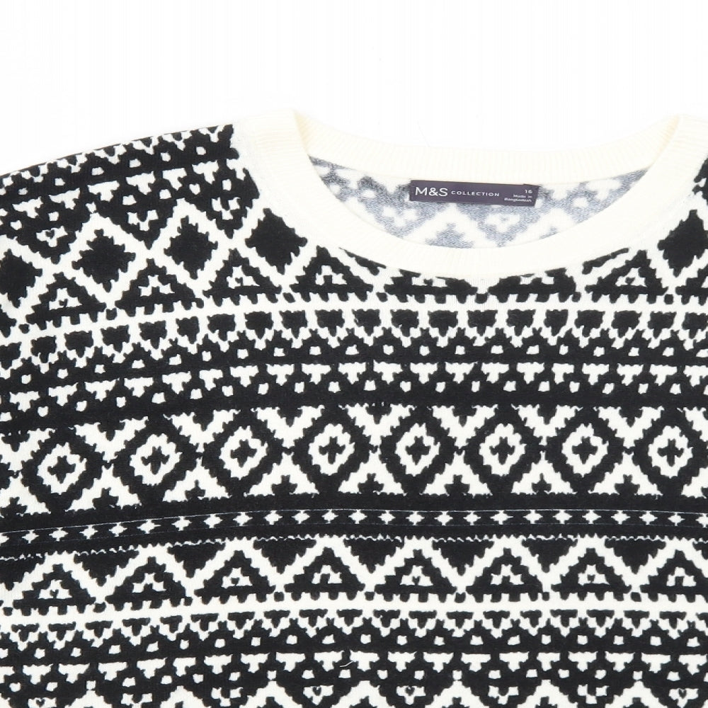 Marks and Spencer Womens Black Round Neck Geometric Acrylic Pullover Jumper Size 16