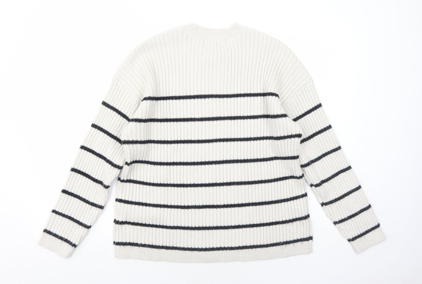 Marks and Spencer Womens Ivory Round Neck Striped Polyester Pullover Jumper Size L