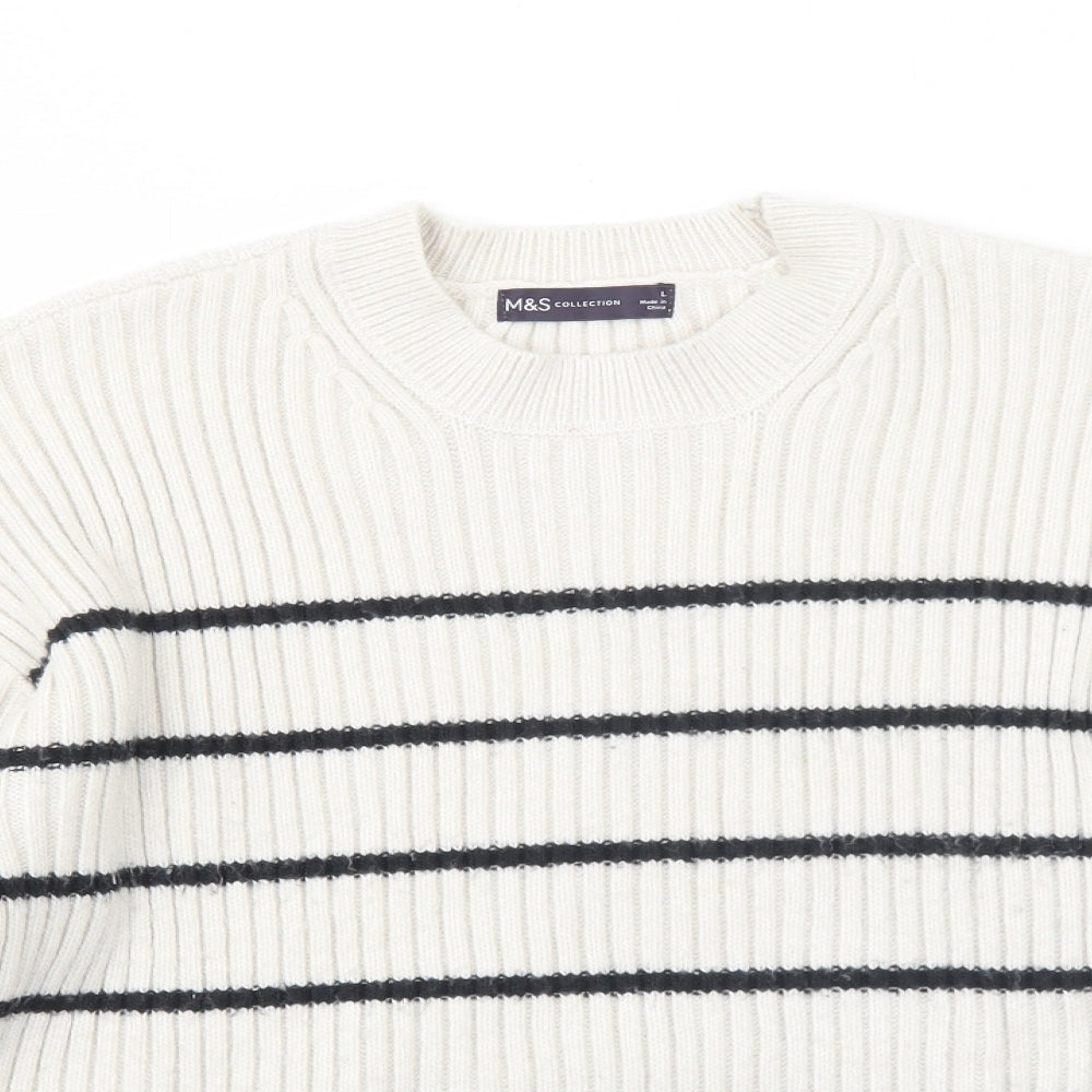 Marks and Spencer Womens Ivory Round Neck Striped Polyester Pullover Jumper Size L