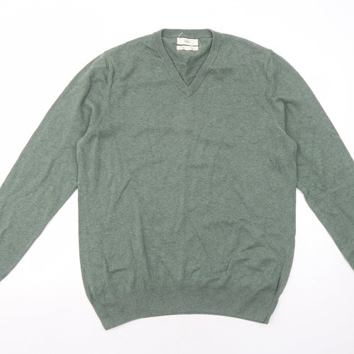 Marks and Spencer Mens Green V-Neck Cotton Pullover Jumper Size L Long Sleeve