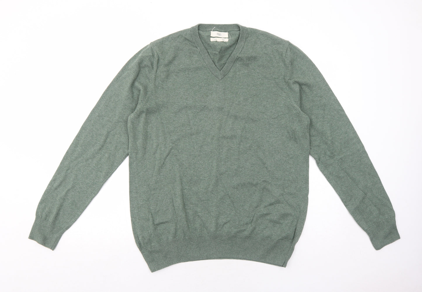 Marks and Spencer Mens Green V-Neck Cotton Pullover Jumper Size L Long Sleeve