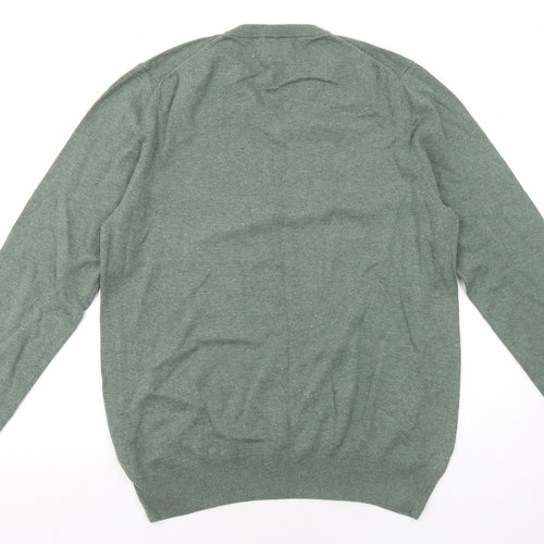Marks and Spencer Mens Green V-Neck Cotton Pullover Jumper Size L Long Sleeve